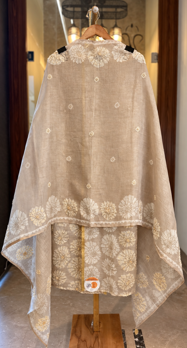 Linen Tissue Suit with Thread & Mirror Work in Beige — Linen, un-stitched suit set by Stree Boutique (photo 3)