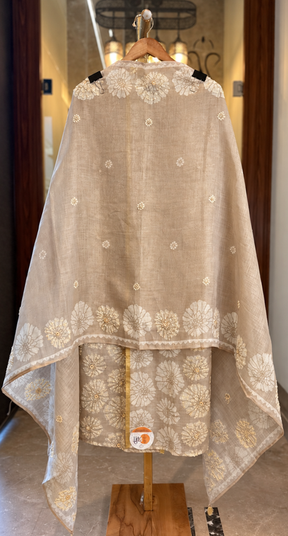Linen Tissue Suit with Thread & Mirror Work in Beige — Linen, un-stitched suit set by Stree Boutique (photo 3)