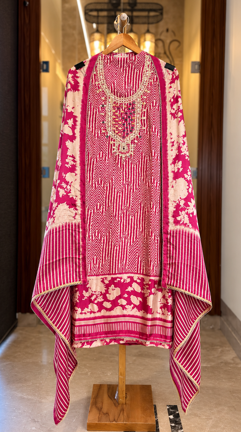 Gajji Silk Suit with Mirror Work in Pink — Gajji Silk, un-stitched suit set by Stree Boutique (photo 1)