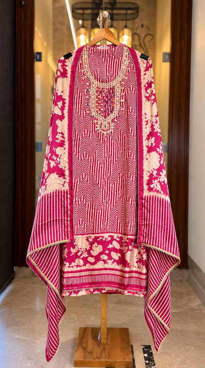 Gajji Silk Suit with Mirror Work in Pink — Gajji Silk, un-stitched suit set by Stree Boutique (photo 1)