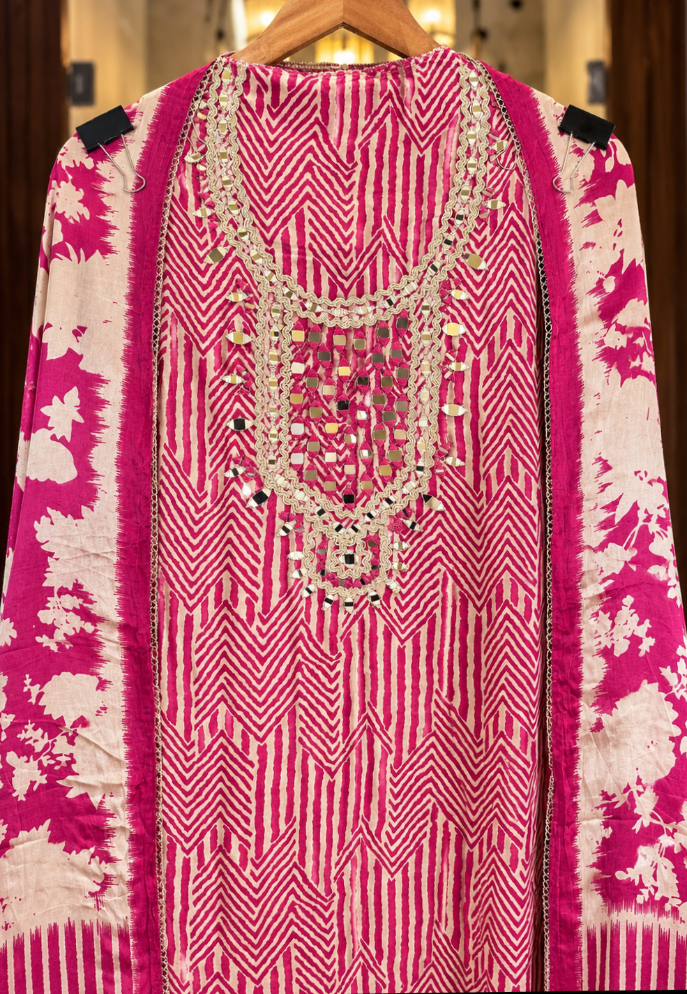 Gajji Silk Suit with Mirror Work in Pink — Gajji Silk, un-stitched suit set by Stree Boutique (photo 2)