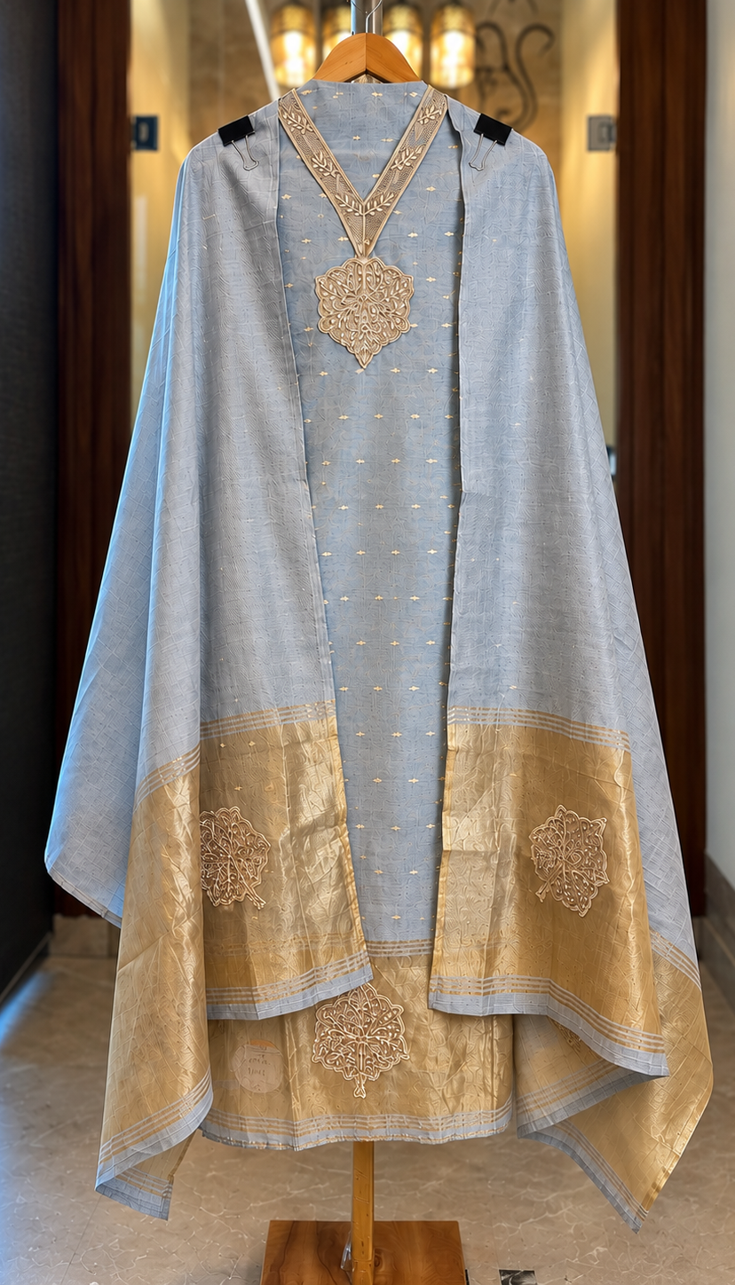 Maheshwari Cotton Suit with Neckline Embroidery in Blue — Maheshwari Cotton, un-stitched suit set by Stree Boutique (photo 1)