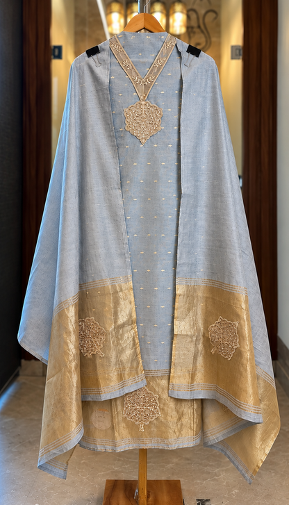 Maheshwari Cotton Suit with Neckline Embroidery in Blue — Maheshwari Cotton, un-stitched suit set by Stree Boutique (photo 1)