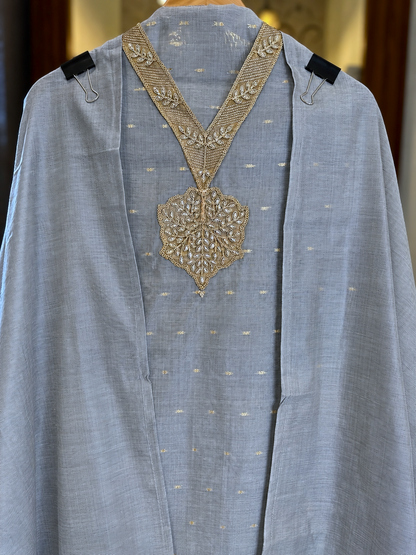 Maheshwari Cotton Suit with Neckline Embroidery in Blue — Maheshwari Cotton, un-stitched suit set by Stree Boutique (photo 2)