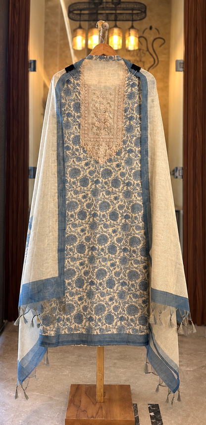 Linen Tissue Suit with Thread & Sequence Work in Blue — Linen, un-stitched suit set by Stree Boutique (photo 1)