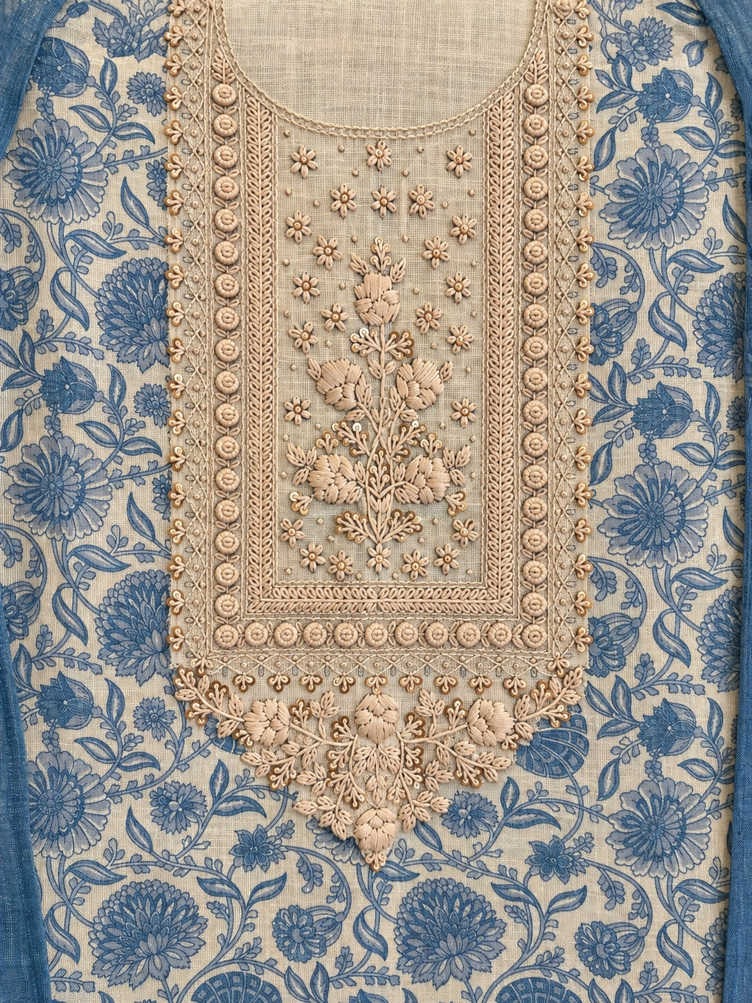Linen Tissue Suit with Thread & Sequence Work in Blue — Linen, un-stitched suit set by Stree Boutique (photo 2)