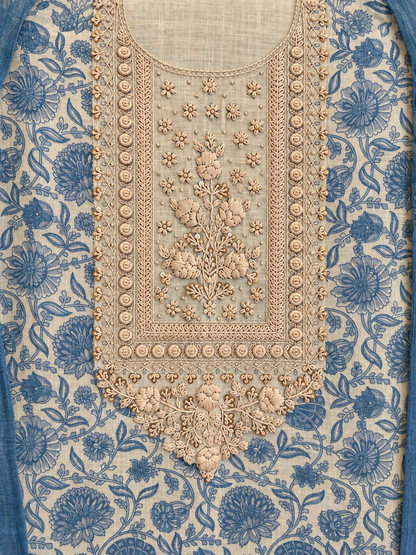 Linen Tissue Suit with Thread & Sequence Work in Blue — Linen, un-stitched suit set by Stree Boutique (photo 2)