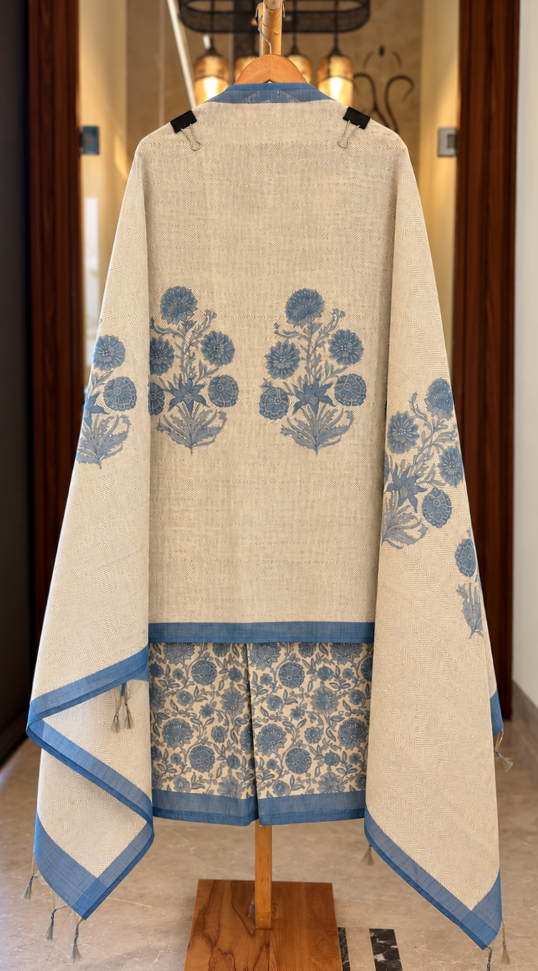 Linen Tissue Suit with Thread & Sequence Work in Blue — Linen, un-stitched suit set by Stree Boutique (photo 3)