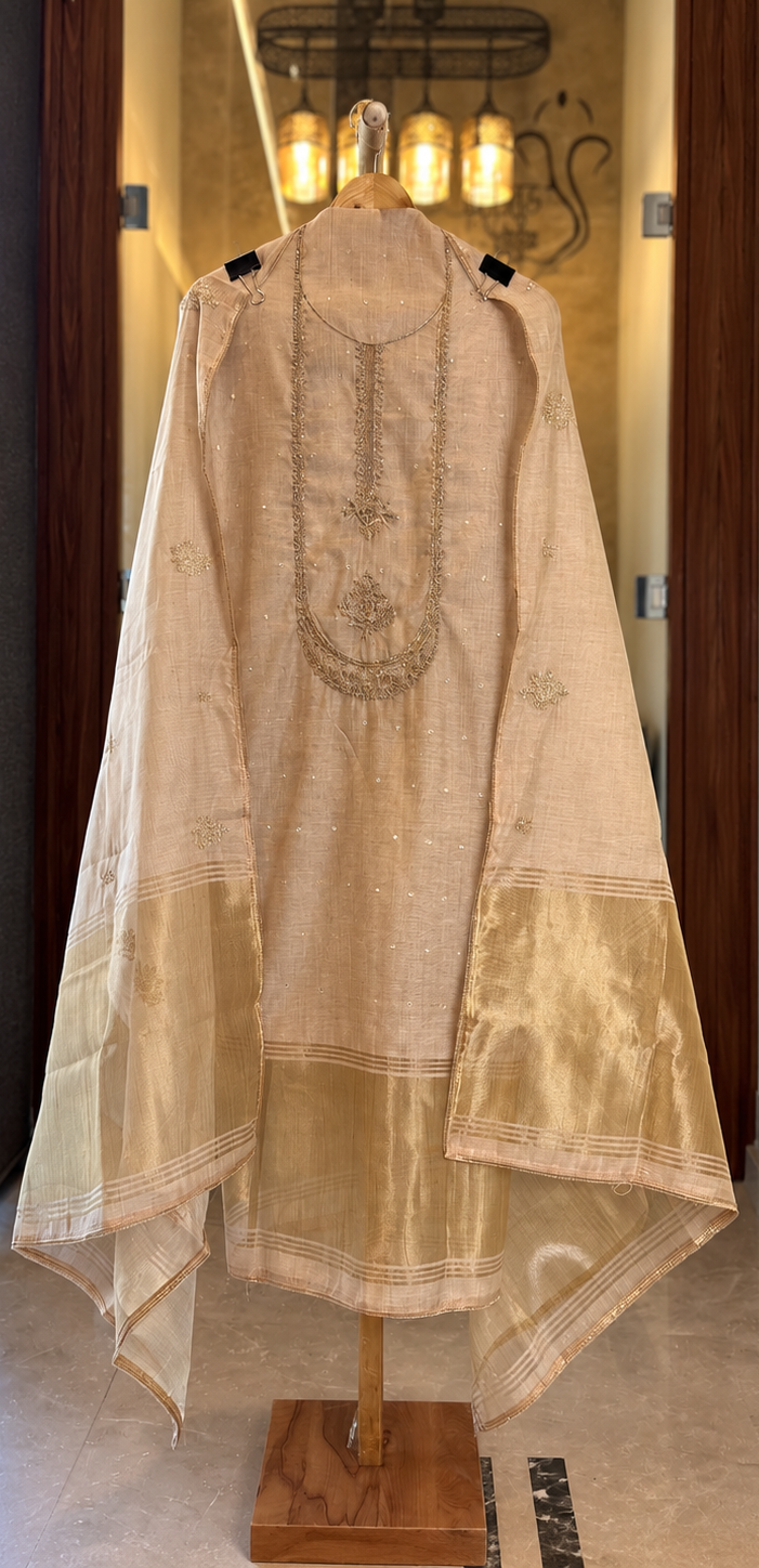 Cotton Suit with Neck Work in Mouse — Cotton, un-stitched suit set by Stree Boutique (photo 1)
