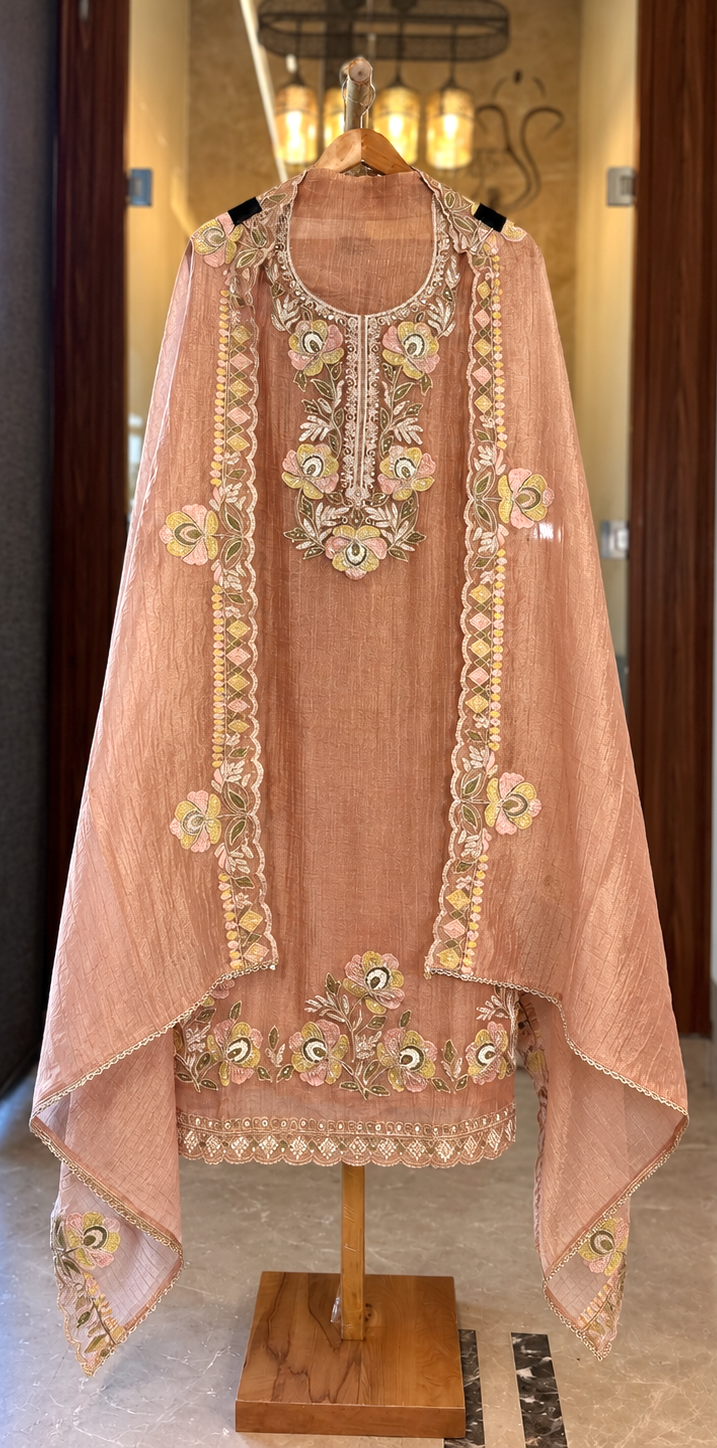 Crushed Tissue Suit with Thread, Kutdana & Zari Work in Carrot Pink — Crushed Tissue, un-stitched suit set by Stree Boutique (photo 1)