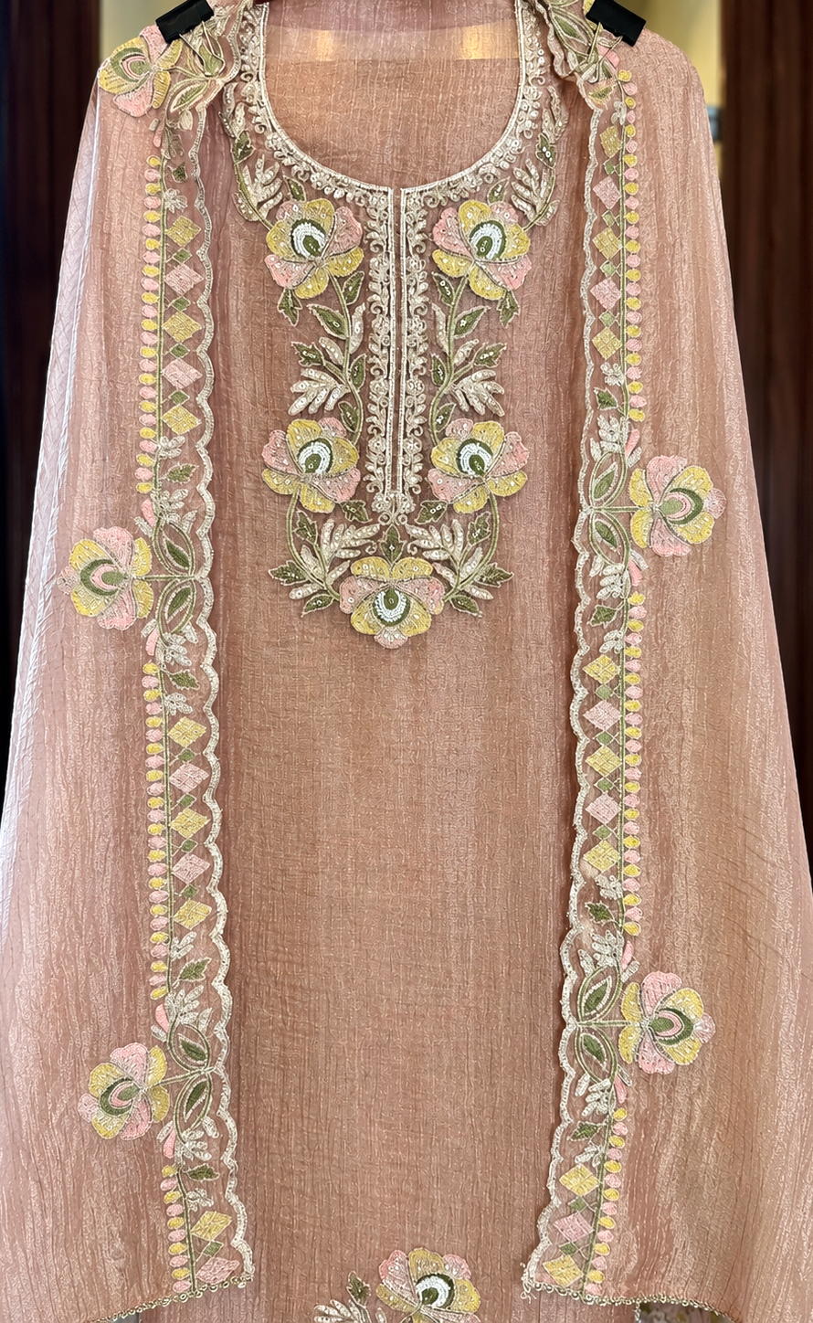 Crushed Tissue Suit with Thread, Kutdana & Zari Work in Carrot Pink — Crushed Tissue, un-stitched suit set by Stree Boutique (photo 2)