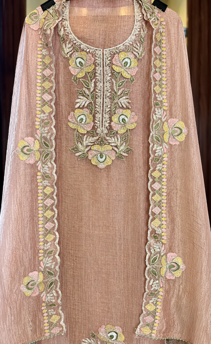 Crushed Tissue Suit with Thread, Kutdana & Zari Work in Carrot Pink — Crushed Tissue, un-stitched suit set by Stree Boutique (photo 2)