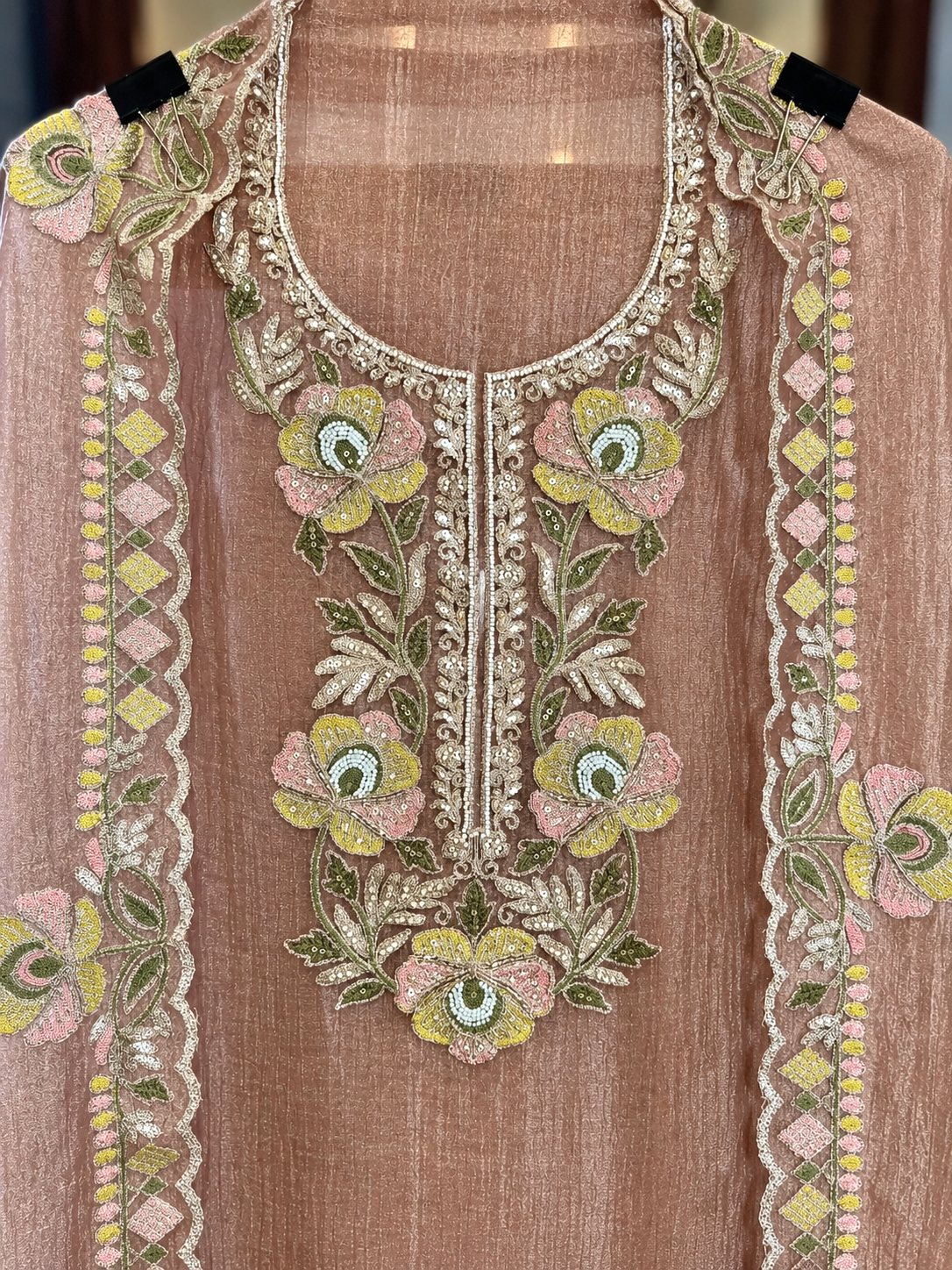 Crushed Tissue Suit with Thread, Kutdana & Zari Work in Carrot Pink — Crushed Tissue, un-stitched suit set by Stree Boutique (photo 3)