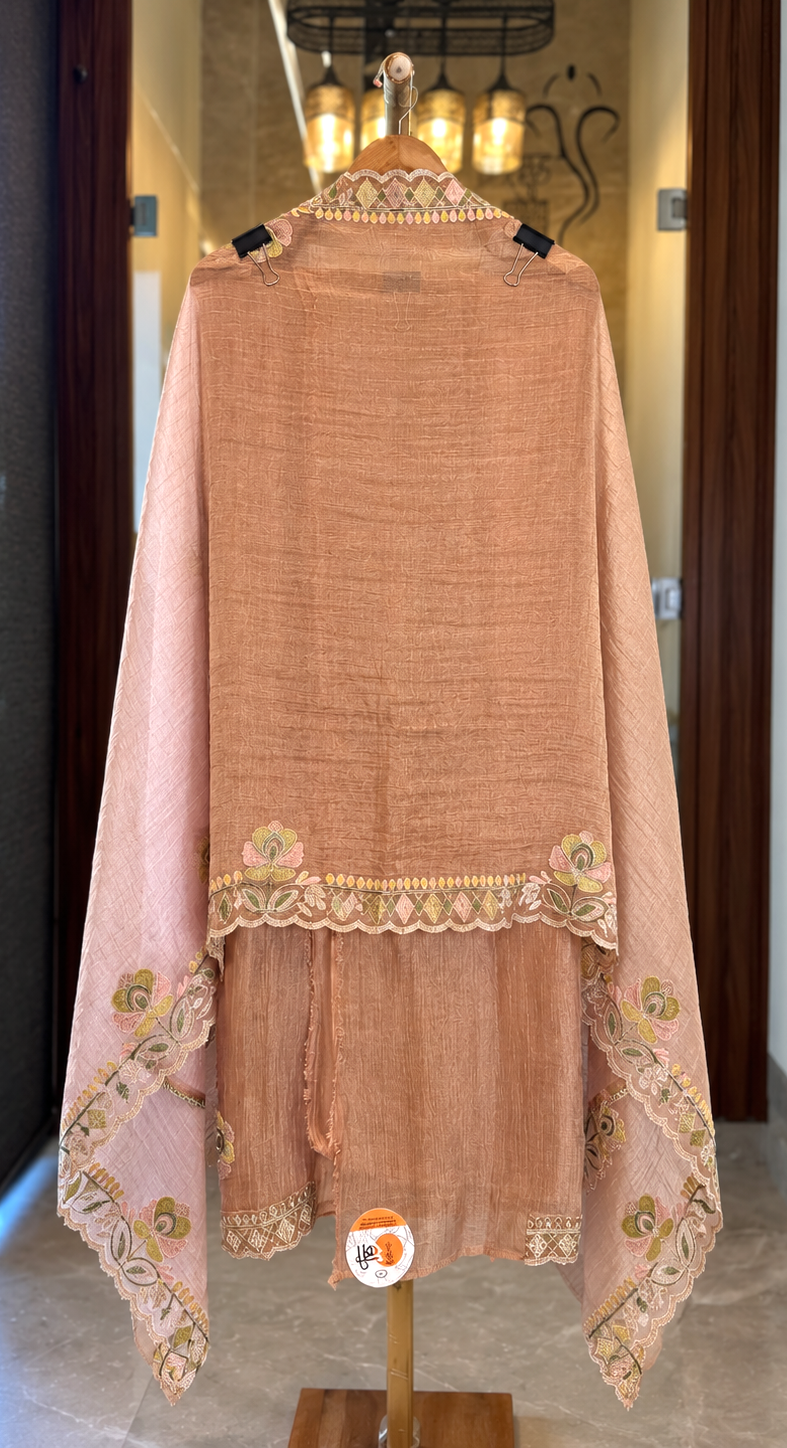Crushed Tissue Suit with Thread, Kutdana & Zari Work in Carrot Pink — Crushed Tissue, un-stitched suit set by Stree Boutique (photo 4)