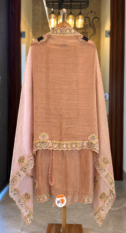 Crushed Tissue Suit with Thread, Kutdana & Zari Work in Carrot Pink — Crushed Tissue, un-stitched suit set by Stree Boutique (photo 4)