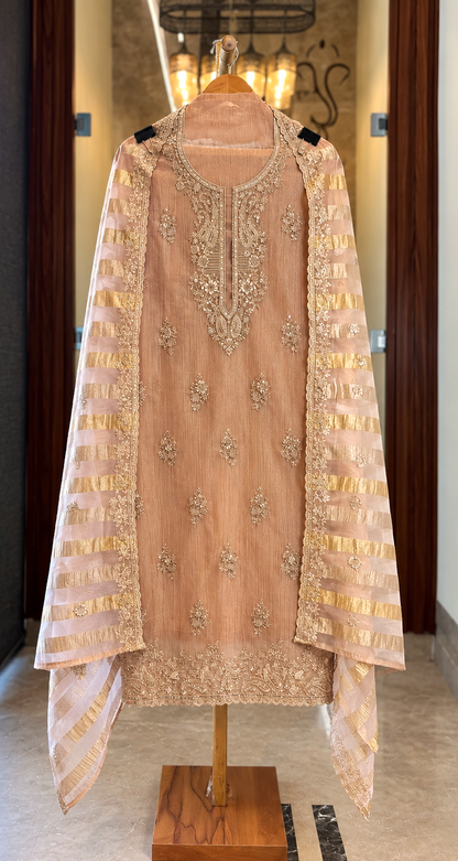 Crushed Tissue Suit with Zari, Kutdana & Sequence Work in Baby Pink — Crushed Tissue, un-stitched suit set by Stree Boutique (photo 1)