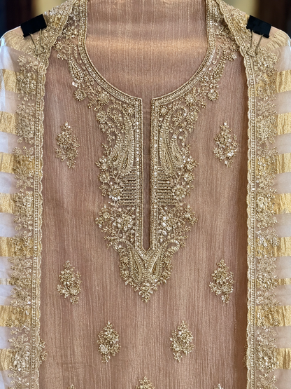 Crushed Tissue Suit with Zari, Kutdana & Sequence Work in Baby Pink — Crushed Tissue, un-stitched suit set by Stree Boutique (photo 2)