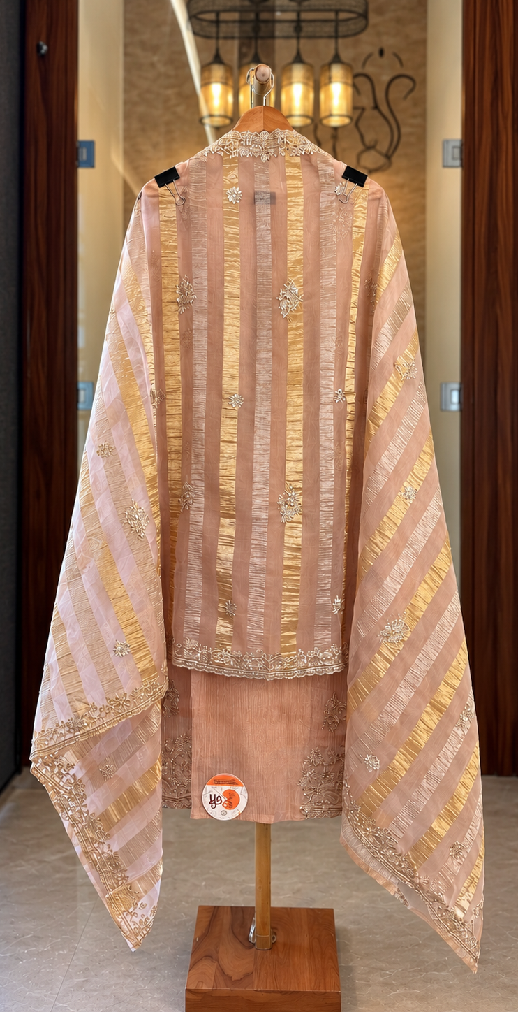 Crushed Tissue Suit with Zari, Kutdana & Sequence Work in Baby Pink — Crushed Tissue, un-stitched suit set by Stree Boutique (photo 3)