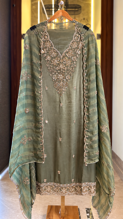 Glass Tissue Shimmer Suit with Kutdana & Sequence Work in Sea Green — Glass Tissue, un-stitched suit set by Stree Boutique (photo 1)
