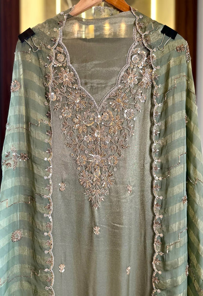 Glass Tissue Shimmer Suit with Kutdana & Sequence Work in Sea Green — Glass Tissue, un-stitched suit set by Stree Boutique (photo 2)