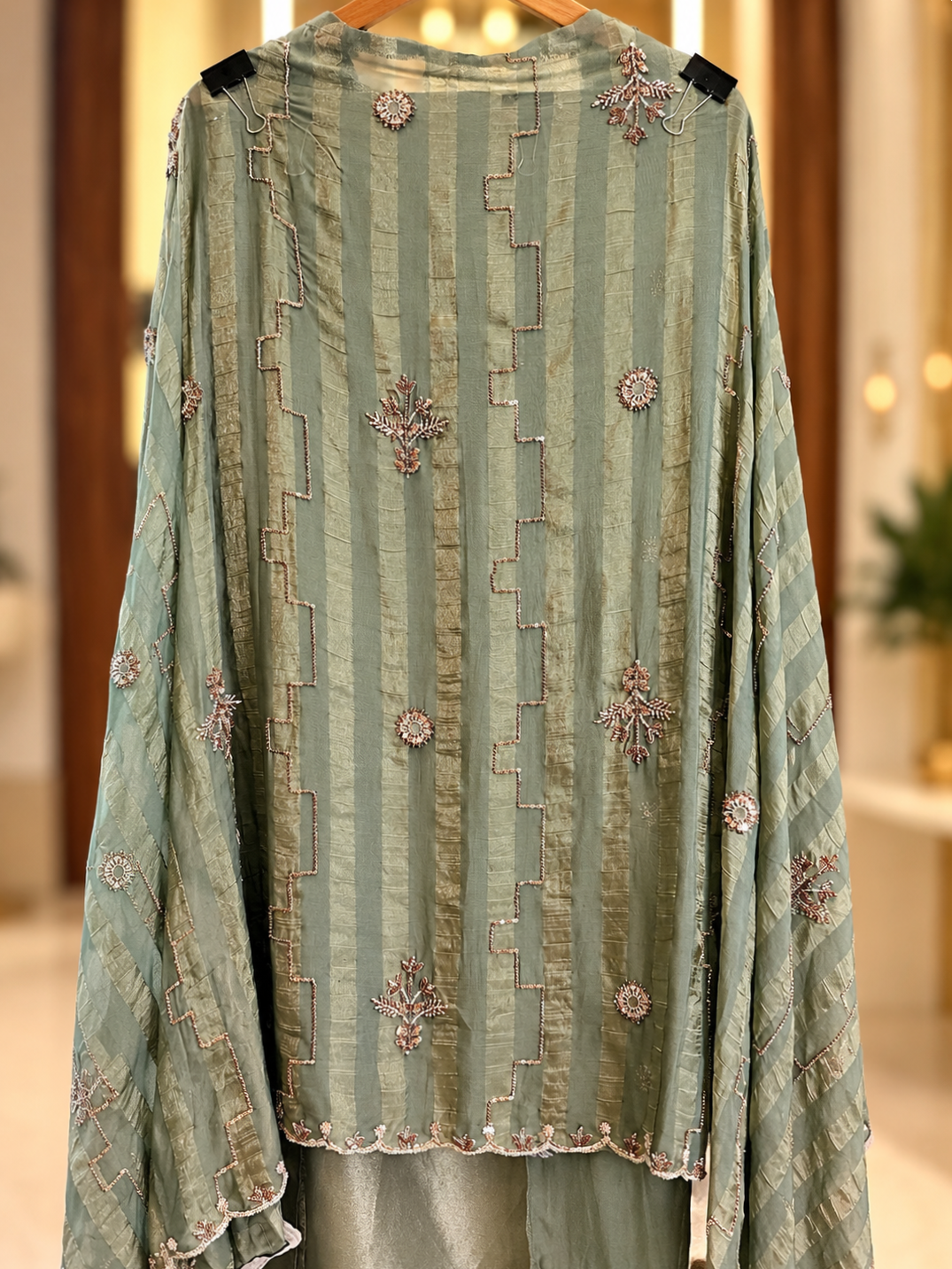 Glass Tissue Shimmer Suit with Kutdana & Sequence Work in Sea Green — Glass Tissue, un-stitched suit set by Stree Boutique (photo 3)