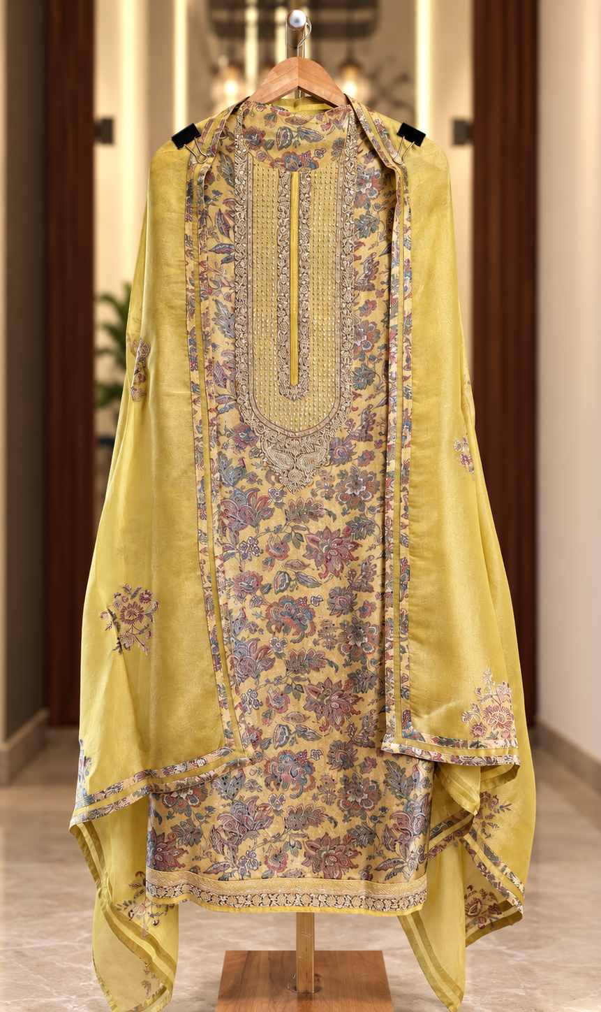 Printed Pure Silk Suit with Zari & Kutdana Work in Yellow — Silk, un-stitched suit set by Stree Boutique (photo 1)