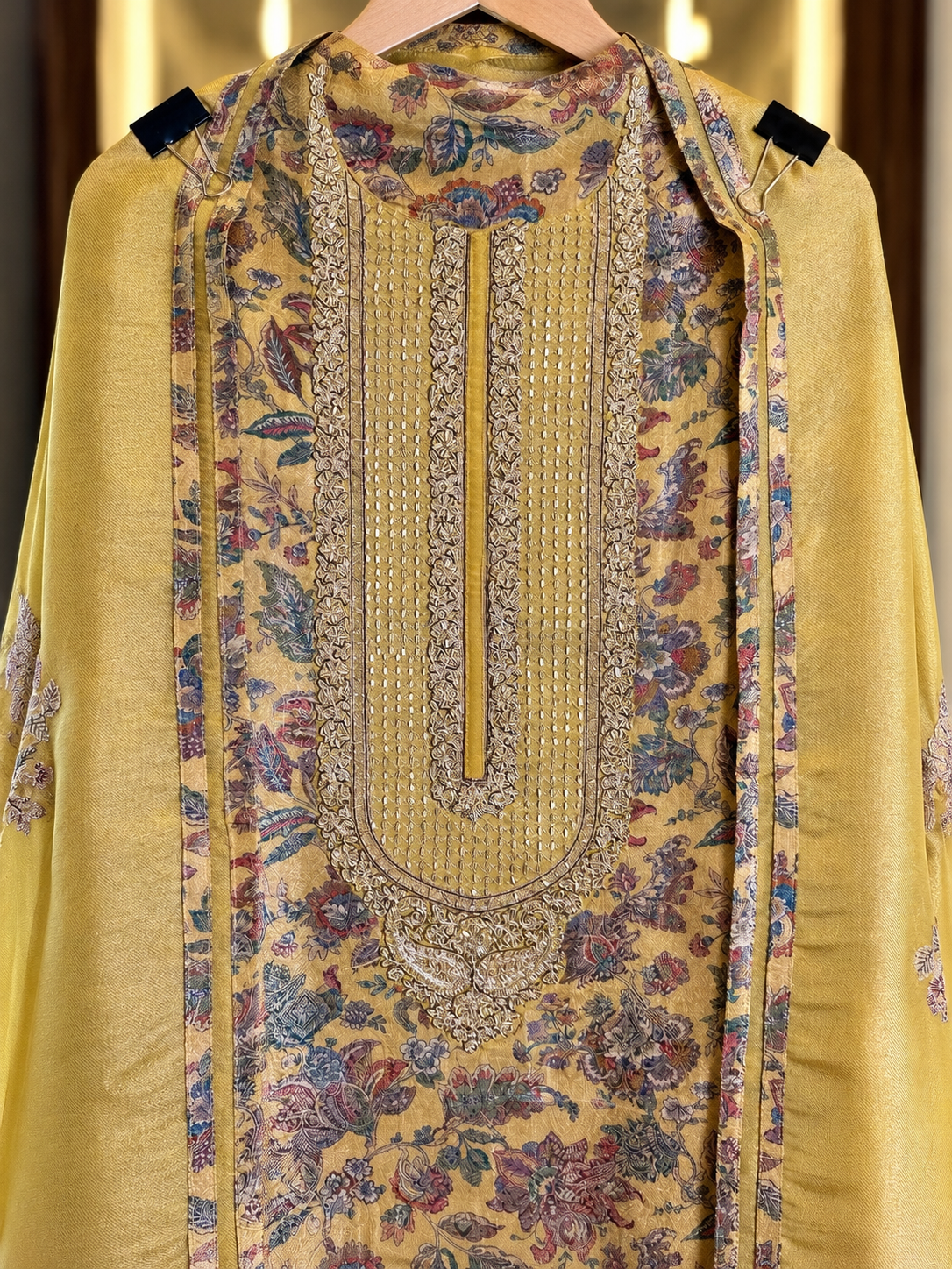 Printed Pure Silk Suit with Zari & Kutdana Work in Yellow — Silk, un-stitched suit set by Stree Boutique (photo 2)