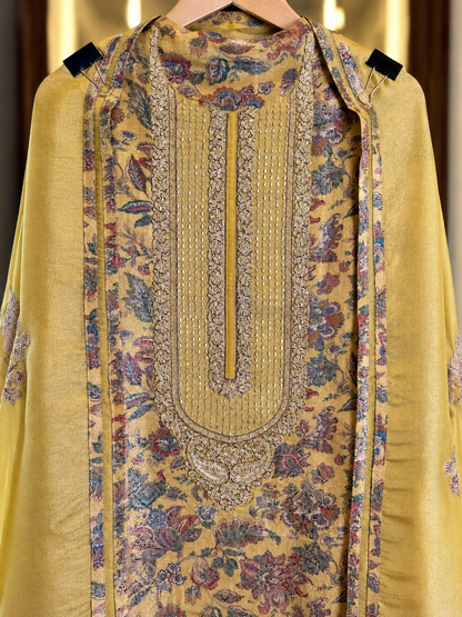 Printed Pure Silk Suit with Zari & Kutdana Work in Yellow — Silk, un-stitched suit set by Stree Boutique (photo 2)