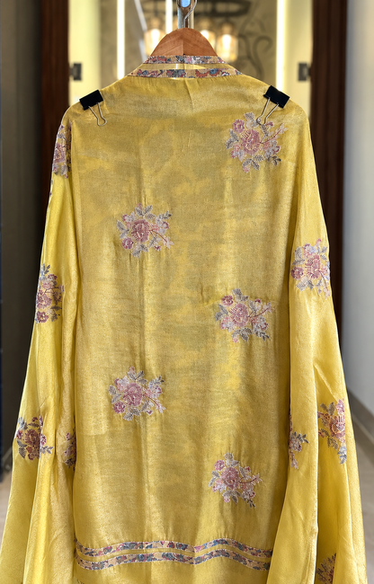 Printed Pure Silk Suit with Zari & Kutdana Work in Yellow — Silk, un-stitched suit set by Stree Boutique (photo 3)