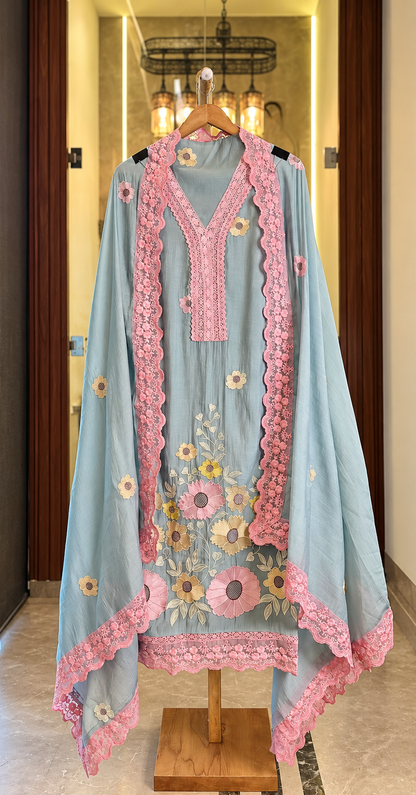Mul Cotton Suit with Flower Thread Work & Quereshiya Lace in Blue — Mul Cotton, un-stitched suit set by Stree Boutique (photo 1)