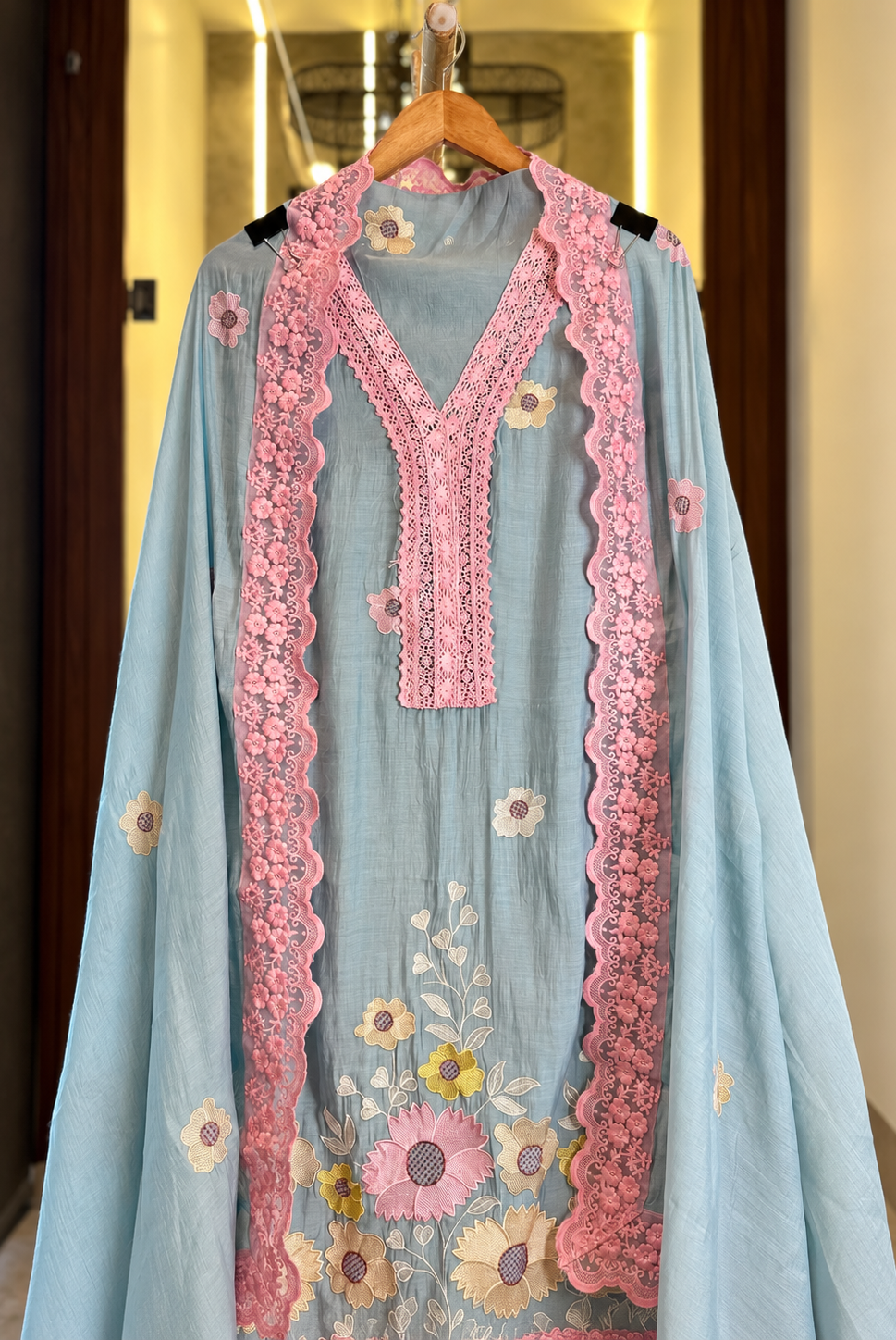 Mul Cotton Suit with Flower Thread Work & Quereshiya Lace in Blue — Mul Cotton, un-stitched suit set by Stree Boutique (photo 2)