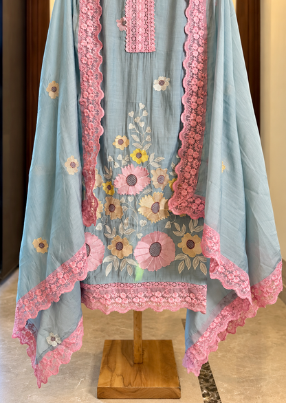 Mul Cotton Suit with Flower Thread Work & Quereshiya Lace in Blue — Mul Cotton, un-stitched suit set by Stree Boutique (photo 3)