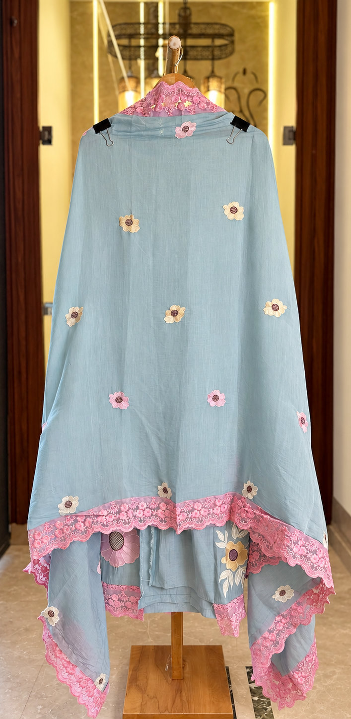 Mul Cotton Suit with Flower Thread Work & Quereshiya Lace in Blue — Mul Cotton, un-stitched suit set by Stree Boutique (photo 4)