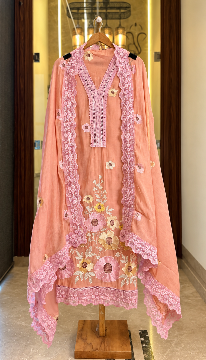 Mul Cotton Suit with Flower Thread Work & Quereshiya Lace in Peach — Mul Cotton, un-stitched suit set by Stree Boutique (photo 1)