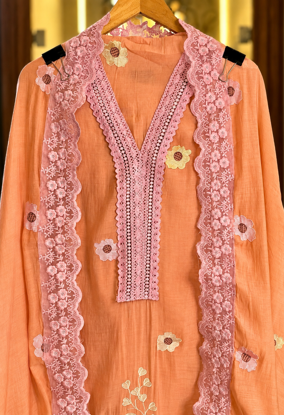 Mul Cotton Suit with Flower Thread Work & Quereshiya Lace in Peach — Mul Cotton, un-stitched suit set by Stree Boutique (photo 2)