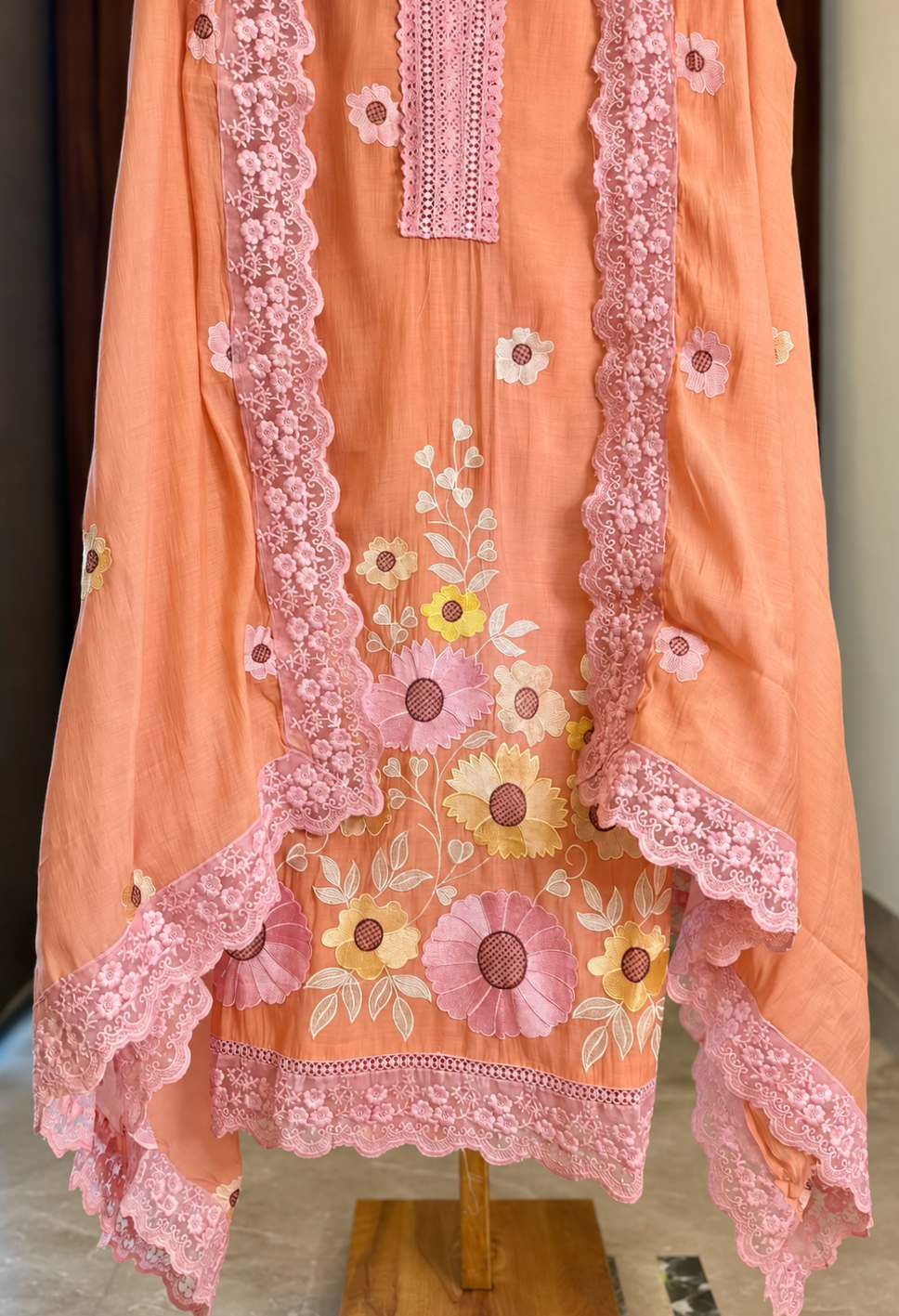Mul Cotton Suit with Flower Thread Work & Quereshiya Lace in Peach — Mul Cotton, un-stitched suit set by Stree Boutique (photo 3)