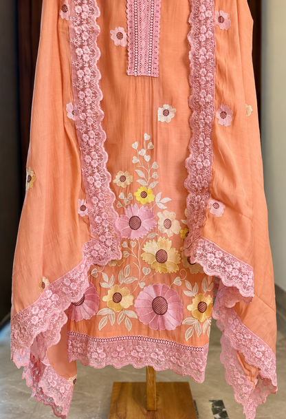 Mul Cotton Suit with Flower Thread Work & Quereshiya Lace in Peach — Mul Cotton, un-stitched suit set by Stree Boutique (photo 3)