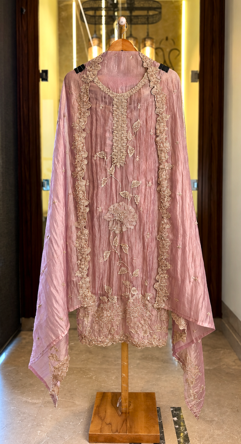 Crushed Tissue with Kutdana & Zari Work in Lavender — Crushed Tissue, un-stitched suit set by Stree Boutique (photo 1)
