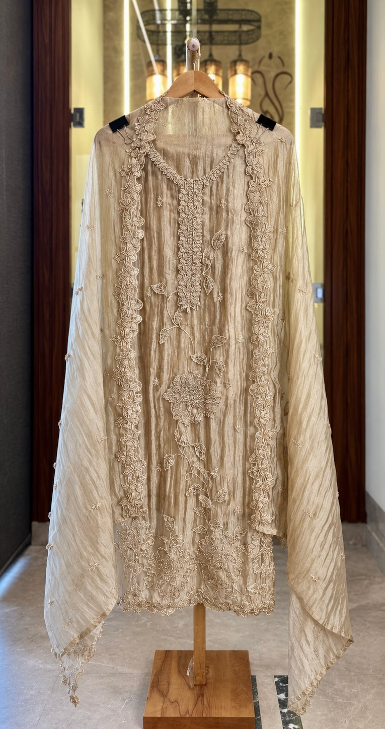 Crushed Tissue with Kutdana & Zari Work in Gold — Crushed Tissue, un-stitched suit set by Stree Boutique (photo 1)