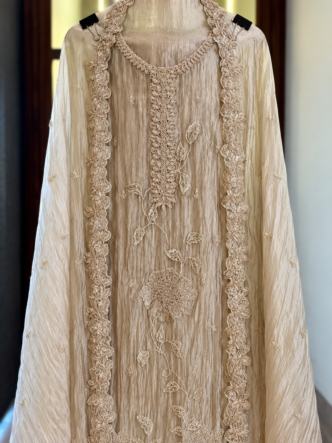 Crushed Tissue with Kutdana & Zari Work in Gold — Crushed Tissue, un-stitched suit set by Stree Boutique (photo 2)