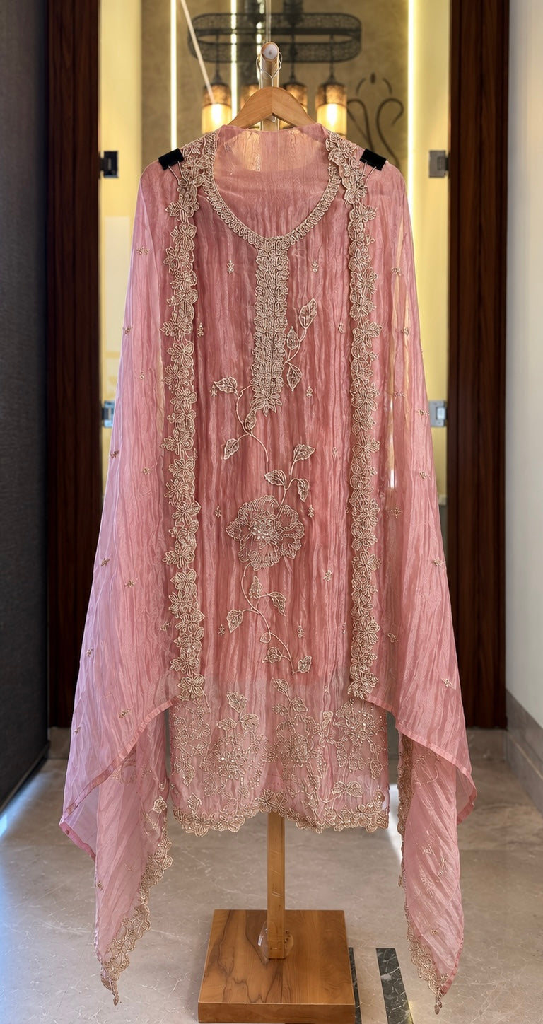 Crushed Tissue with Kutdana & Zari Work in Pink — Crushed Tissue, un-stitched suit set by Stree Boutique (photo 1)