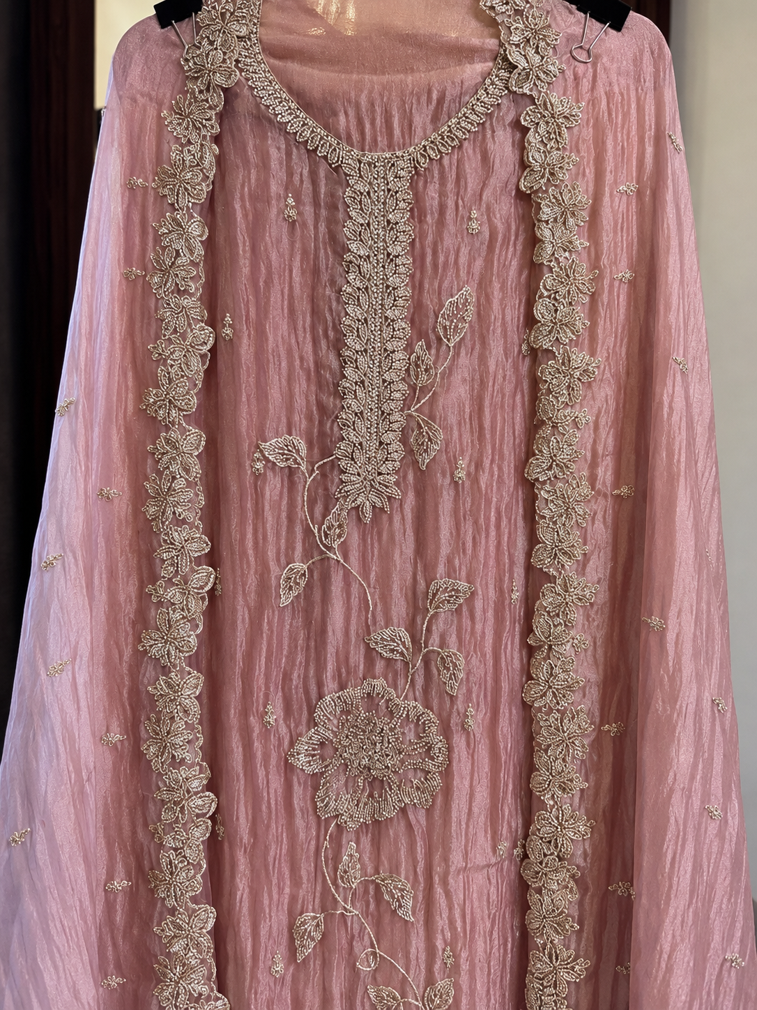Crushed Tissue with Kutdana & Zari Work in Pink — Crushed Tissue, un-stitched suit set by Stree Boutique (photo 2)