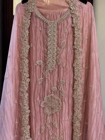 Crushed Tissue with Kutdana & Zari Work in Pink — Crushed Tissue, un-stitched suit set by Stree Boutique (photo 2)