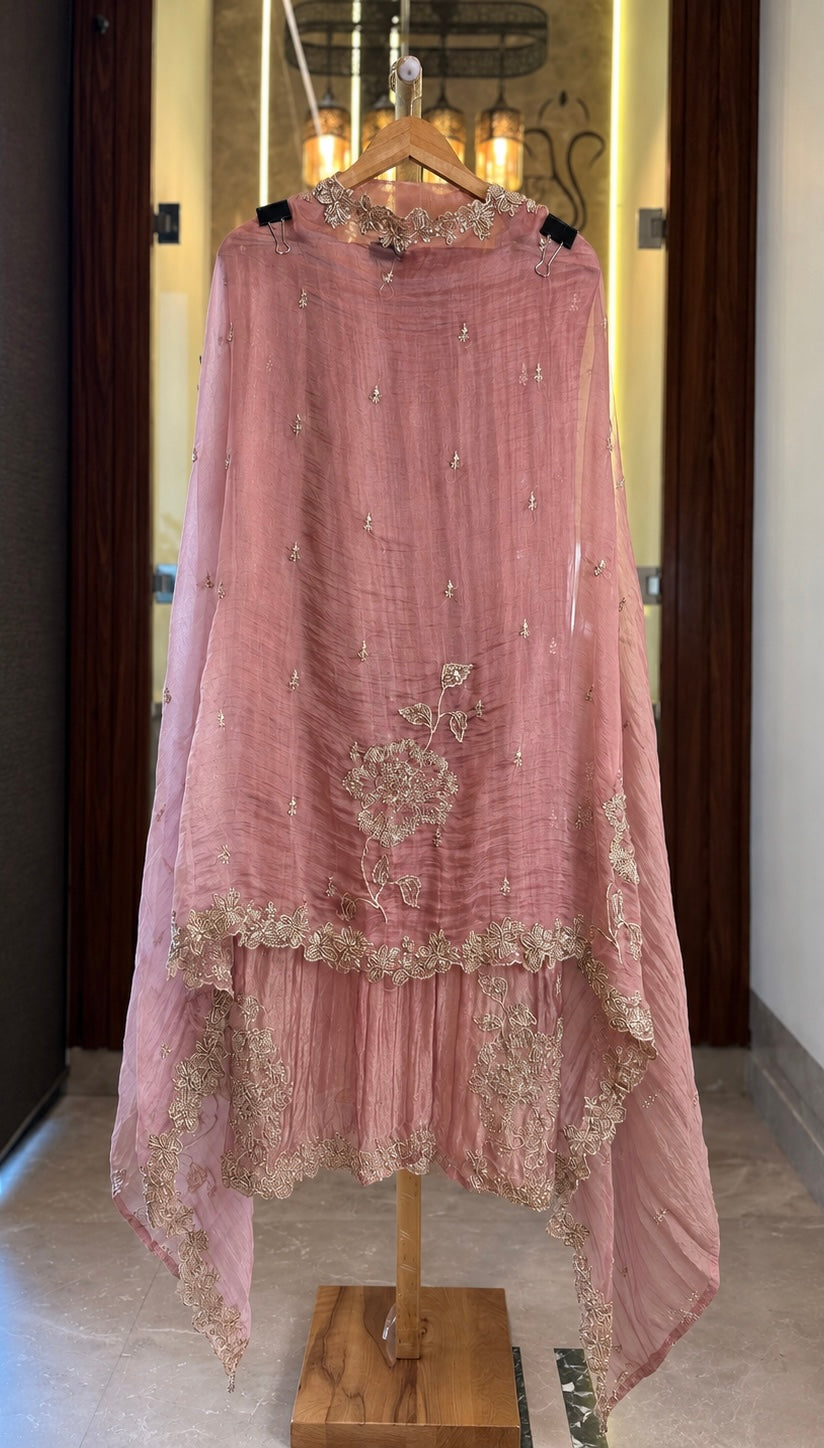 Crushed Tissue with Kutdana & Zari Work in Pink — Crushed Tissue, un-stitched suit set by Stree Boutique (photo 3)