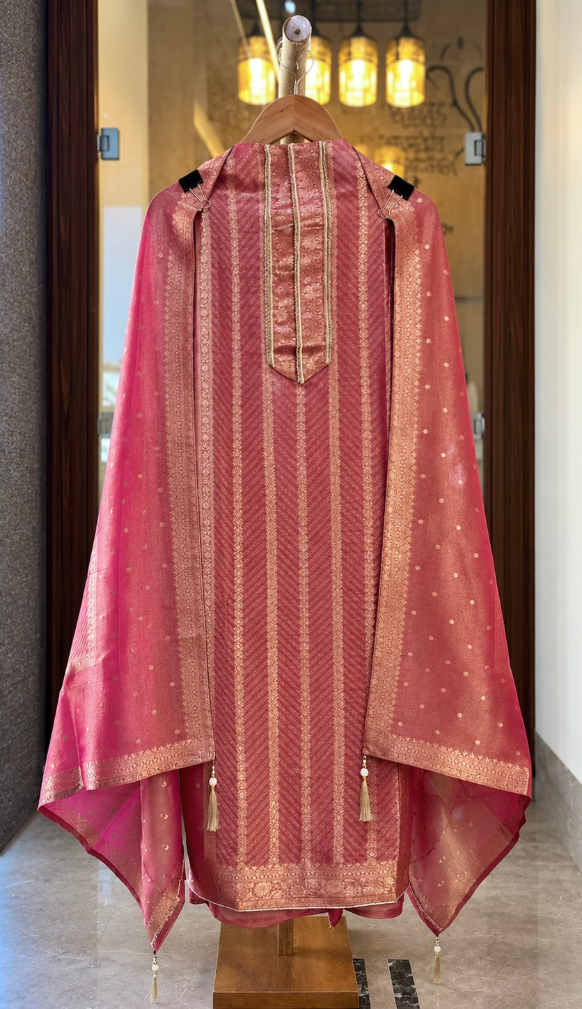 Kanjivaram Suit with Zari & Self Work in Hot Pink — Kanjivaram, un-stitched suit set by Stree Boutique (photo 1)
