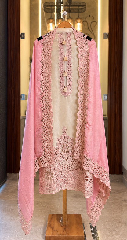 Giraffe Silk Suit with Pink Cut Work in Cream — Giraffe Silk, un-stitched suit set by Stree Boutique (photo 1)
