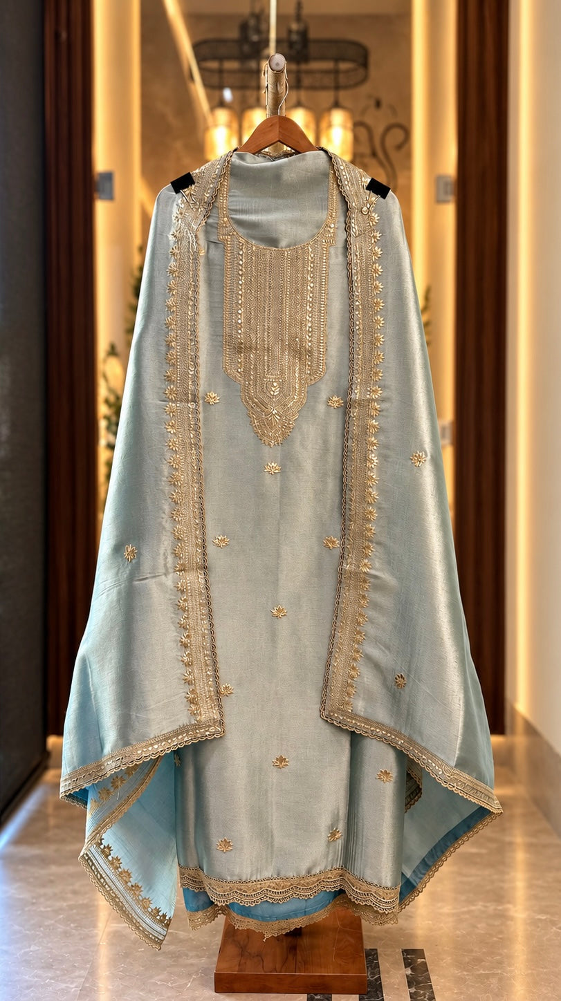 Giraffe Silk Suit with Zari, Sequence & Gota Work in Blue — Giraffe Silk, un-stitched suit set by Stree Boutique (photo 1)