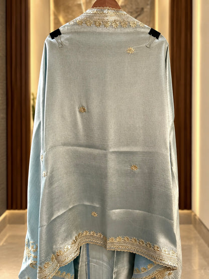 Giraffe Silk Suit with Zari, Sequence & Gota Work in Blue — Giraffe Silk, un-stitched suit set by Stree Boutique (photo 3)