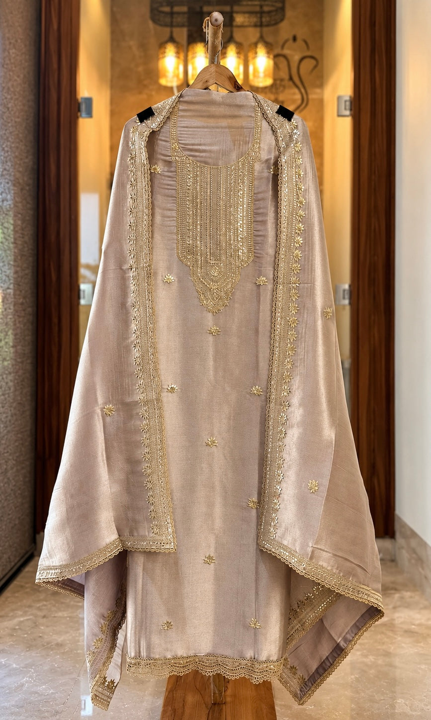 Giraffe Silk Suit with Zari, Sequence & Gota Work in Gold — Giraffe Silk, un-stitched suit set by Stree Boutique (photo 1)