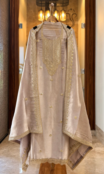 Giraffe Silk Suit with Zari, Sequence & Gota Work in Gold — Giraffe Silk, un-stitched suit set by Stree Boutique (photo 1)